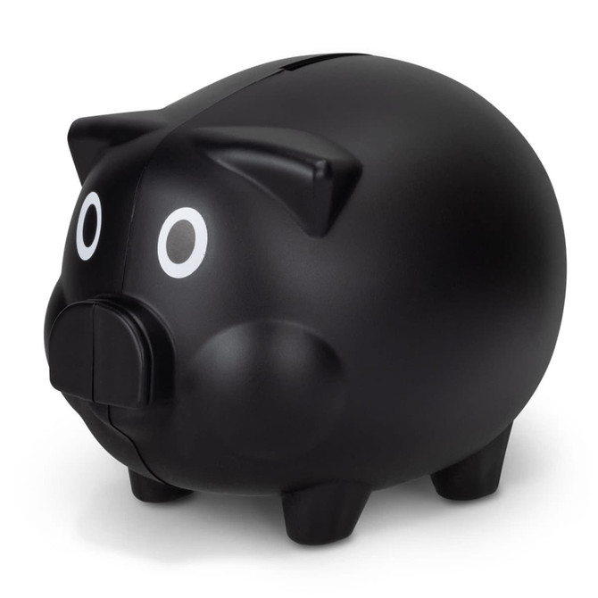 A black piggy bank featuring a classic pig design with white eyes and a coin slot on top.