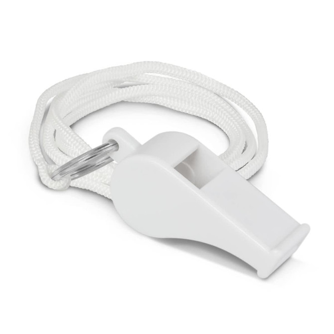 A white sports whistle attached to a cord for easy carrying, featuring a silver keyring loop.