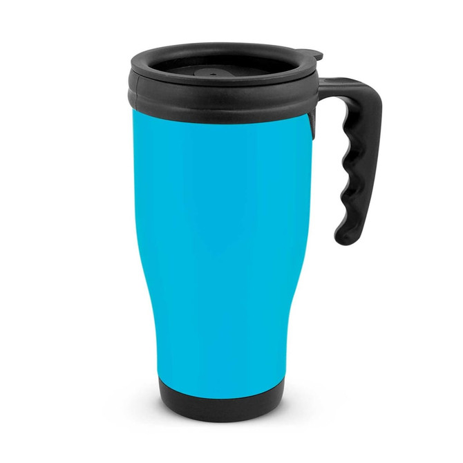 A travel mug in bright blue with a black handle and lid, designed for on-the-go beverages.
