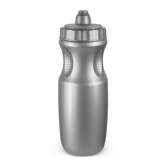 A drink bottle in silver with a textured grip and a spout top. It features a logo on the side.