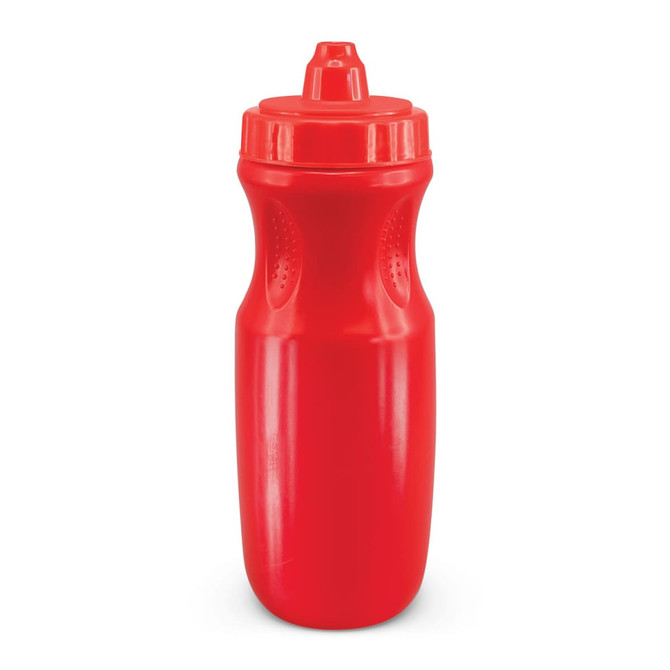 A drink bottle in a vibrant red color with a sports cap and ergonomic design, suitable for easy grip and use.