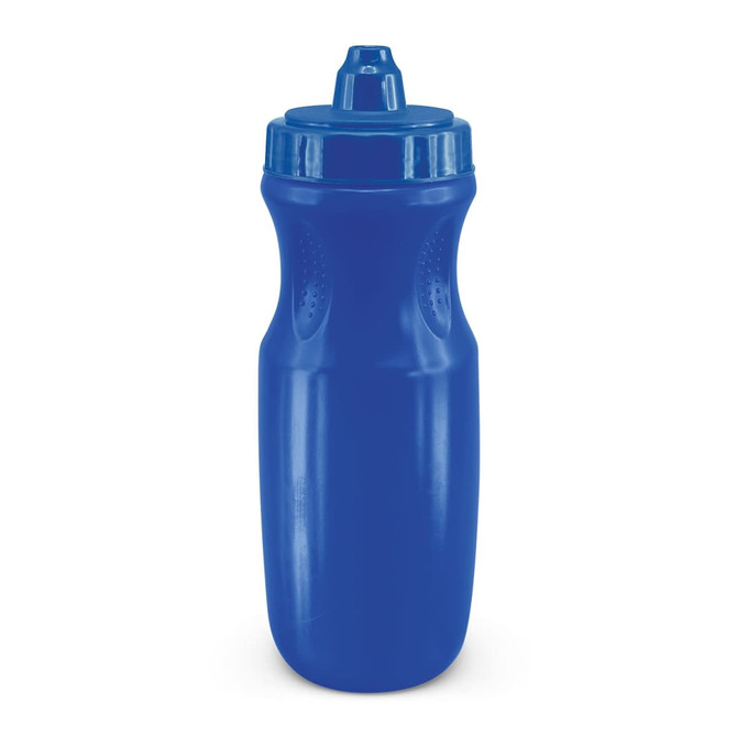 A drink bottle in bright blue with a screw-on cap and ergonomic design. Features a logo on the side.