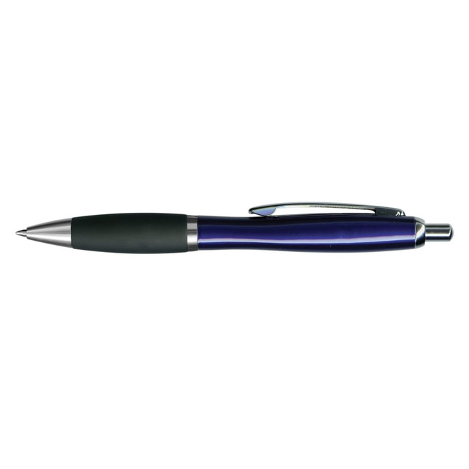 A metal pen with a sleek purple and silver design, featuring a comfortable grip and a clip for easy attachment.