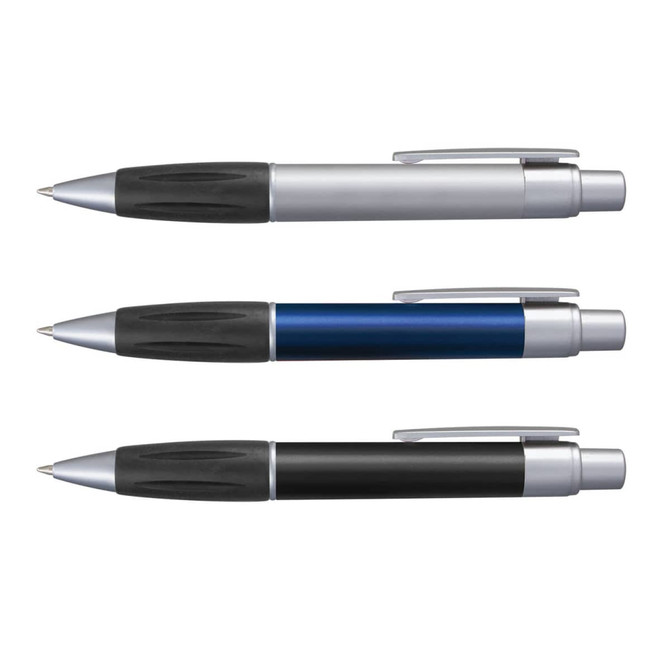 Matrix Metallic Pens in silver, blue, and black, each featuring a plastic body with a textured grip and a metallic clip.