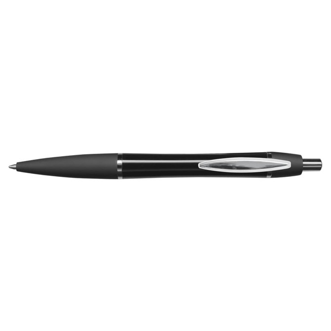 A sleek metal pen featuring a black finish and silver accents.