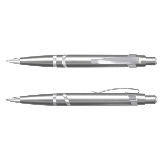 A silver plastic pen with a shiny finish and a clip. The pen features sleek, contemporary design elements.