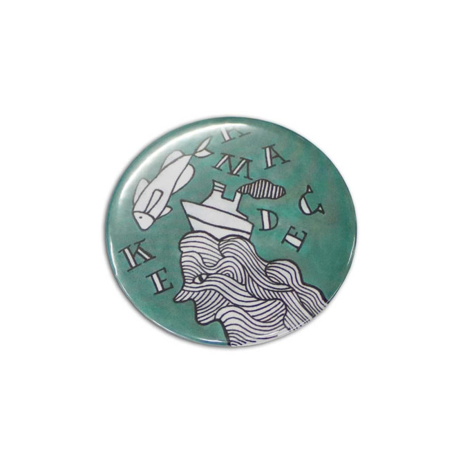 A 58mm round button badge with a green background and a graphic design featuring a ship and abstract lines.