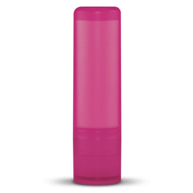 A lip balm container in a vibrant pink color with a twist-up design.
