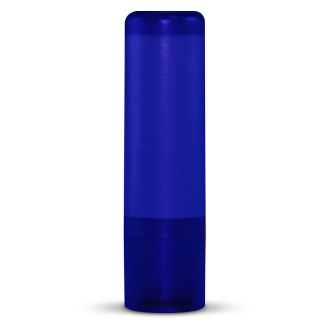 A blue lip balm container with a cylindrical shape and a clear base. It features a simple design and a logo.