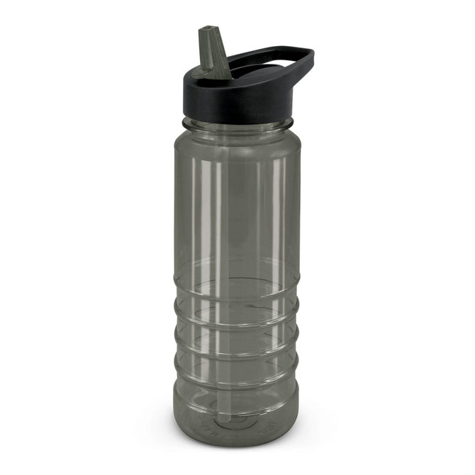 A drink bottle featuring a dark grey design, equipped with a black lid and a spout for easy pouring.