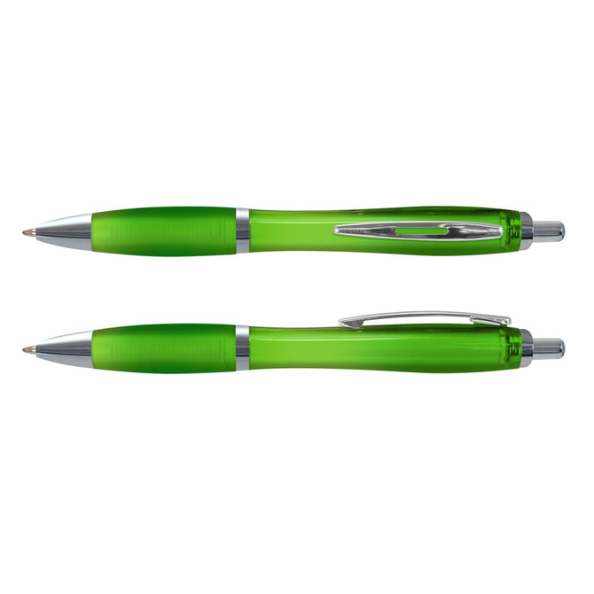 A green translucent Vistro pen with chrome accents and a push mechanism, featuring a clip and grip section.