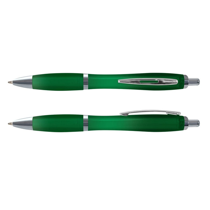 A translucent green pen with silver accents, featuring a sleek design and a clip for easy attachment.