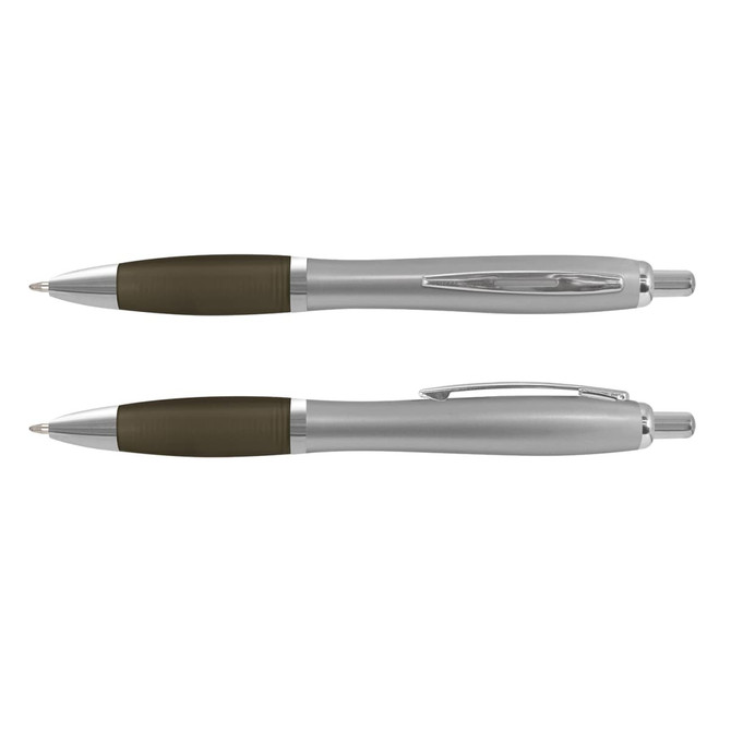 A silver plastic pen with a green rubber grip and a chrome clip, featuring a smooth design and branding.