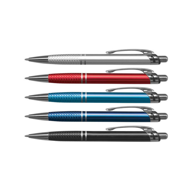 A set of five metal pens in silver, red, blue, and black, featuring a textured design and a logo.