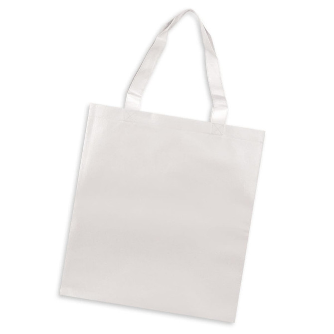 A plain white tote bag with sturdy handles and a simple design, featuring a branding logo.