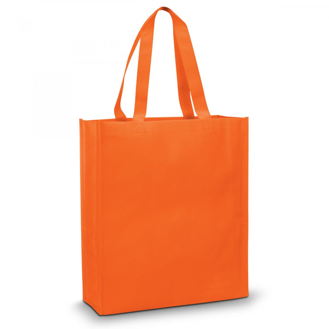 An orange tote bag with long handles and a simple design. It has a logo on the front.