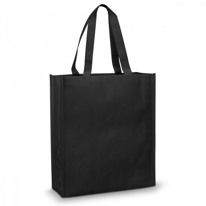 A black tote bag with two sturdy straps and a simple design, featuring a logo on one side.