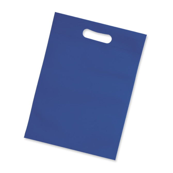 A blue tote bag with a handle, featuring a plain design and no visible branding.