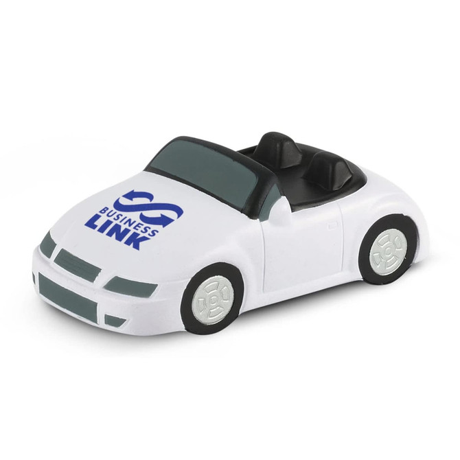 A white stress car toy with a black interior and a logo on the side.