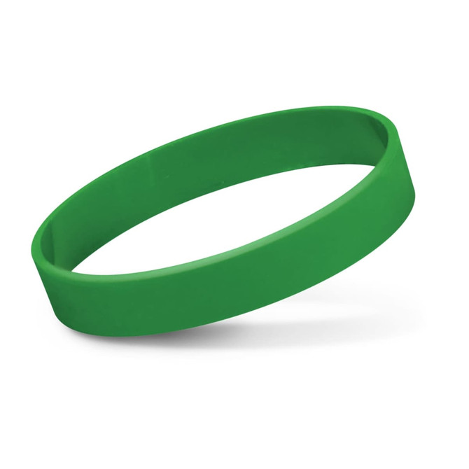 A green silicone wristband is displayed against a white background.