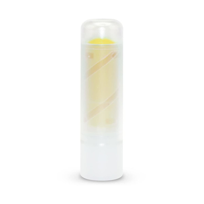 A transparent stick with a yellow core, featuring a white base. It has a twisted design and a logo on its surface.