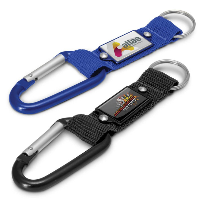 Two carabiner key rings in blue and black, featuring attachment loops and logos on fabric bands.