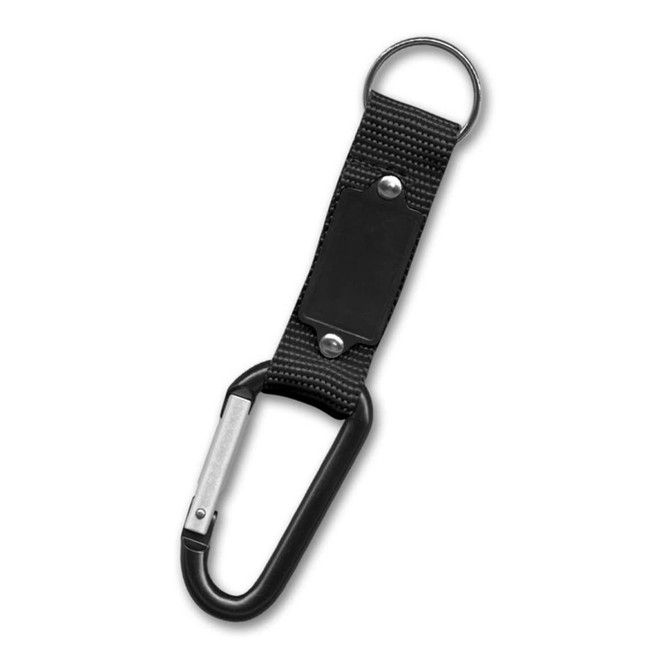 A black carabiner key ring with a fabric strap and a circular keyring attachment. It features a logo.