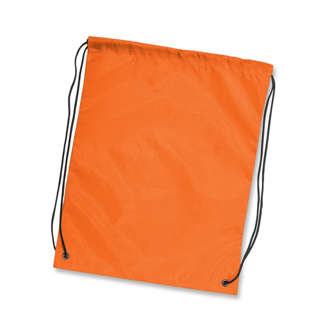 An orange drawstring backpack with black cords. It has a simple, unadorned design and no visible branding.