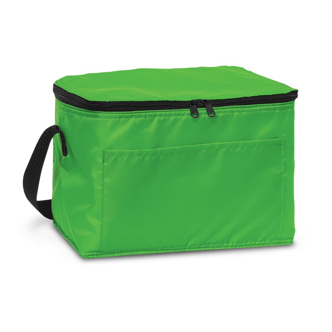 A green cooler bag with a zippered closure and a black handle, featuring a front pocket.