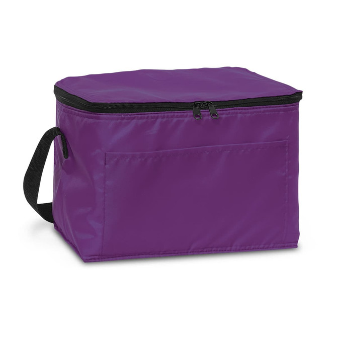 A purple cooler bag with a zip closure and a side handle, featuring one external pocket.
