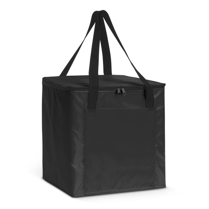 A black cooler bag with a zip closure and long handles, featuring a front pocket and a simple design.