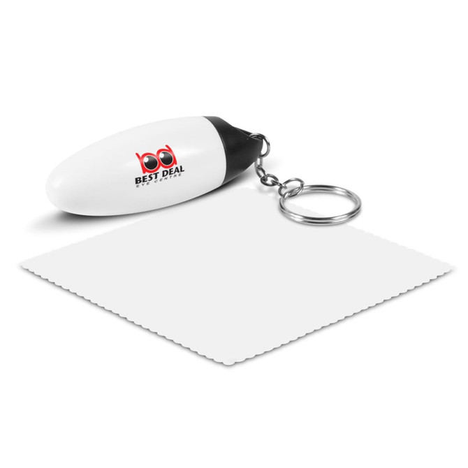 A white microfibre cloth key ring featuring a black cap and a keychain attached, with branding displayed.