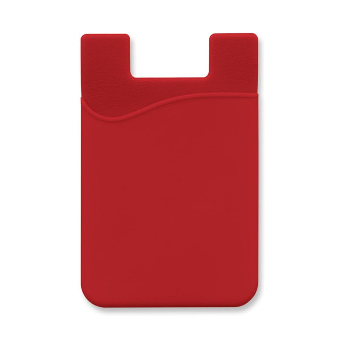 A red silicone phone wallet with a curved top edge and a slot for cards. It features a subtle logo.