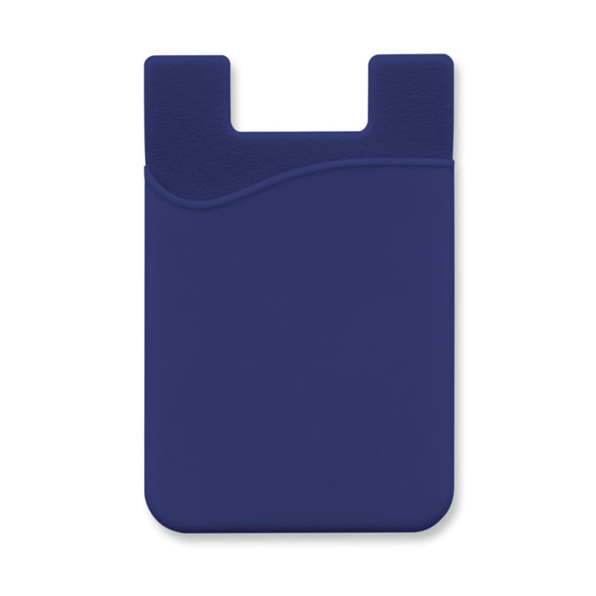 A silicone phone wallet in navy blue with a curved design and a top opening. It features a logo.