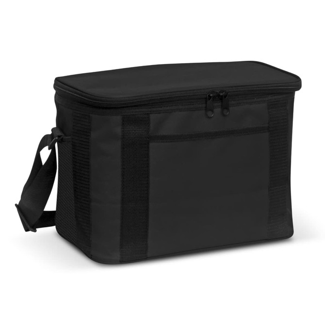 A black cooler bag with a zippered top and an adjustable shoulder strap. It features a front pocket and has branding.