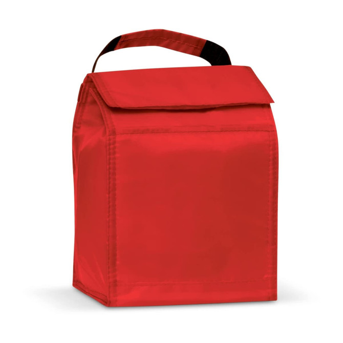 A red lunch cooler bag with a top flap and a handle for easy carrying, featuring a simple design.