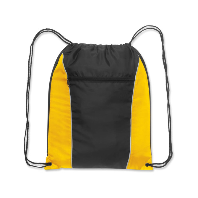 A black and yellow drawstring backpack with a front zip pocket and adjustable straps. It has a logo.