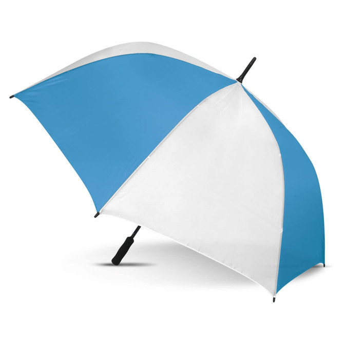 A sports umbrella featuring a blue and white design with a black handle and a logo on the shaft.