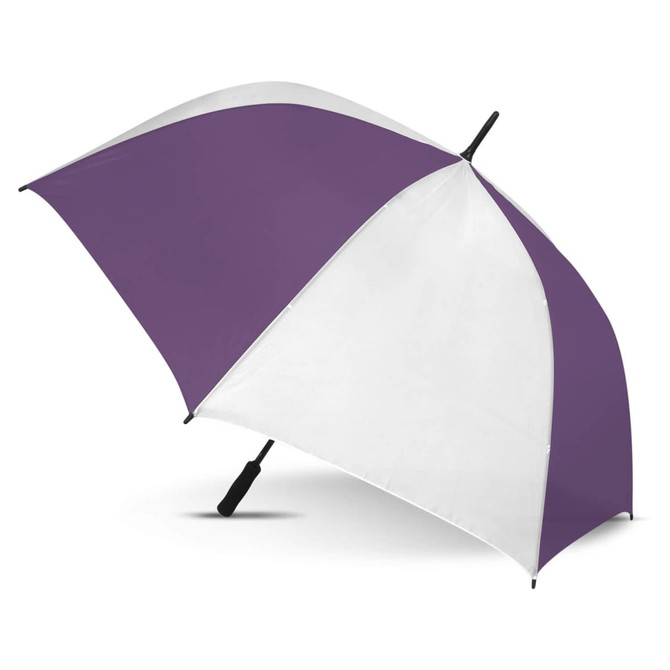 A sports umbrella in purple and white with a black handle and a logo on the canopy.