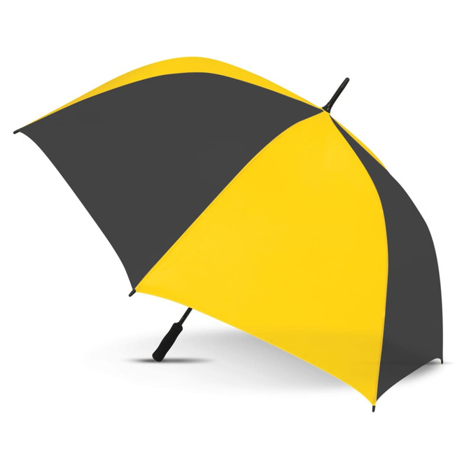 A sports umbrella featuring a black and yellow design with a handle for easy grip. It has a logo on the canopy.