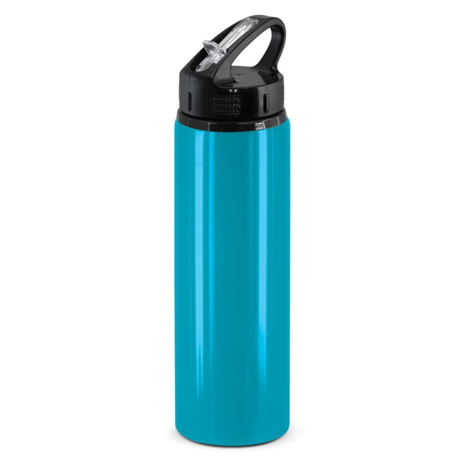 A drink bottle in vibrant turquoise with a black flip cap and a handle, featuring a logo.