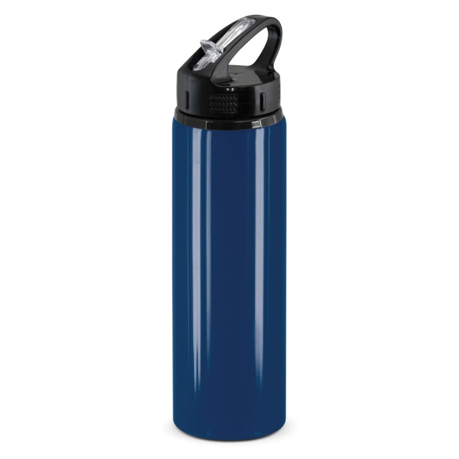 A drink bottle in a dark blue colour with a black flip cap and a handle. It features a logo on the body.