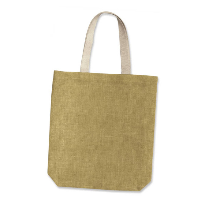 A jute tote bag in a light olive green shade, featuring two shoulder straps and a textured finish.