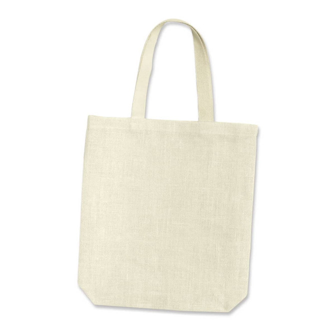 A light beige jute tote bag with two handles and a simple design. It features a logo on one side.