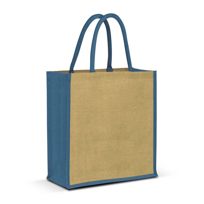 A jute tote bag in natural and blue colours with two sturdy handles and a simple design.