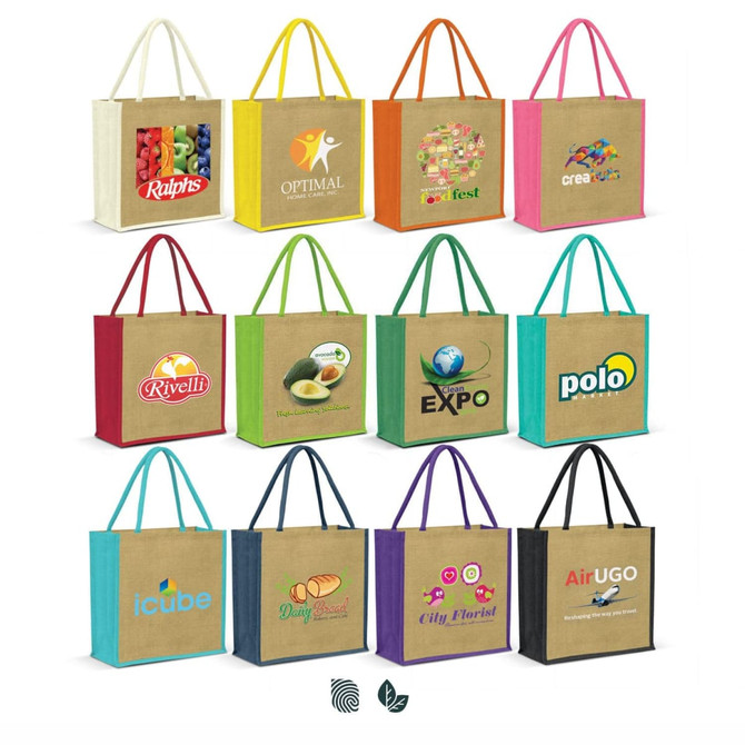 A collection of jute tote bags in various colours with different logos and designs displayed in a grid layout.