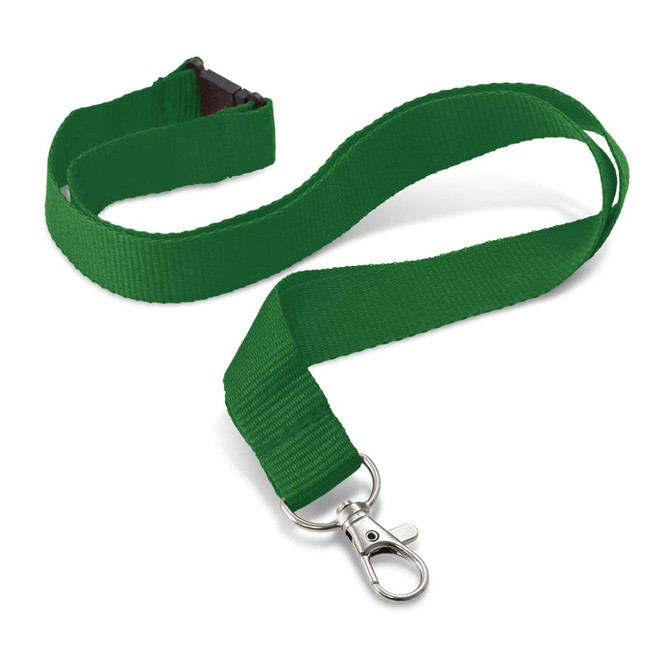 A green lanyard with a clip attachment, featuring a simple design and a sturdy strap.