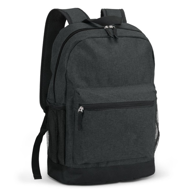 A dark grey Traverse Backpack featuring a main compartment, front zippered pocket, and mesh side pockets.
