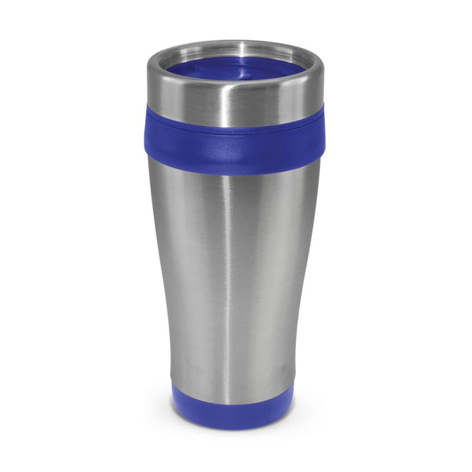 A drink bottle with a stainless steel body and blue silicone accents, featuring a lid and a sleek design.