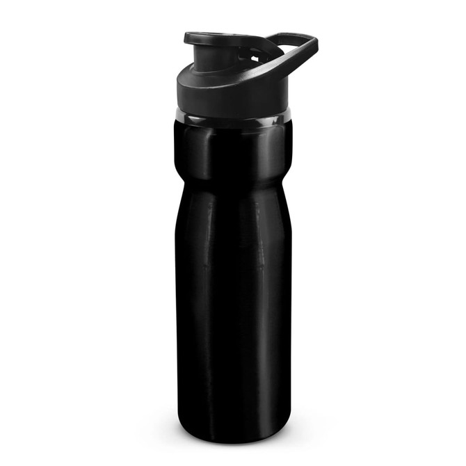 A drink bottle in shiny black with a snap cap and a sturdy design. Features a brand logo on the side.